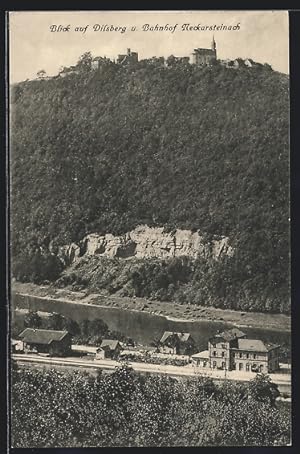 Ansichtskarte Neckarsteinach, Blick auf Dilsberg und Bahnhof