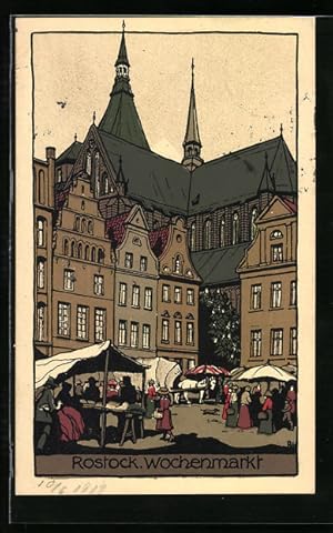 Steindruck-Ansichtskarte Rostock, Marktstände auf dem Wochenmarkt