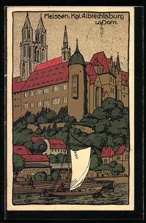 Steindruck-Ansichtskarte Meissen, Albrechtsburg und Dom