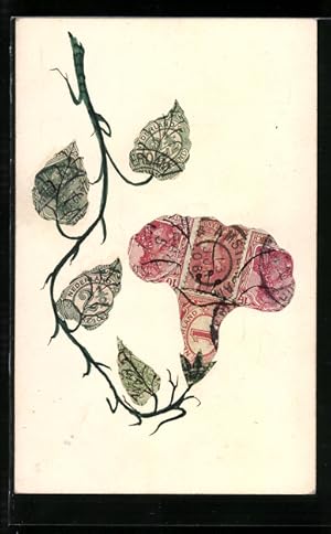 Ansichtskarte Blume mit Blättern, Briefmarkencollage