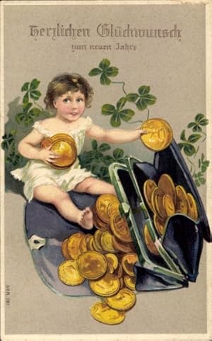 Präge Ansichtskarte / Postkarte Glückwunsch Neujahr, Geldbörse, Goldene Münzen, Glücksklee