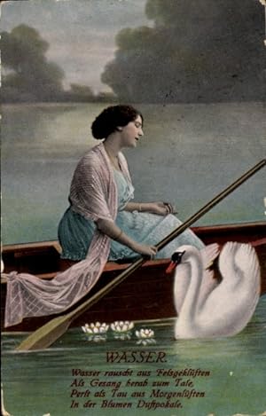 Ansichtskarte / Postkarte Frau im Ruderboot, Schwan, Paddel, Wasser