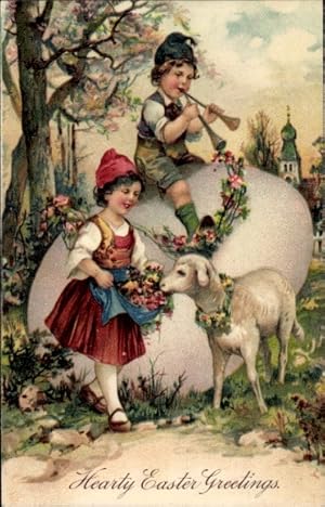 Präge Litho Glückwunsch Ostern, Junge mit Doppelflöte auf einem Ei, Mädchen, Lamm
