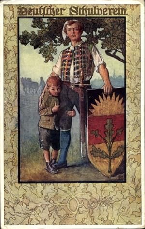 Künstler Ansichtskarte / Postkarte Mann in Tracht mit Sohn, Schwert, Wappen - Deutscher Schulvere...