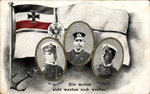 Präge Ansichtskarte / Postkarte Drei Deutsche Seehelden, Graf Spee, Otto Weddigen, Von Müller, Fa...