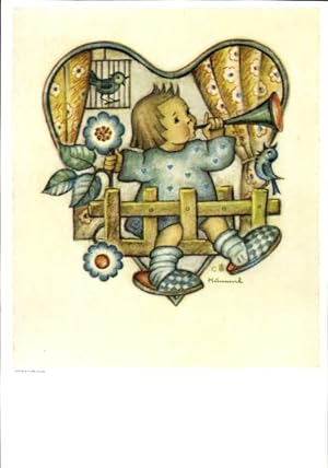 Künstler Ansichtskarte / Postkarte Hummel, Berta, Musizierendes Kind, Blumen, Vögel
