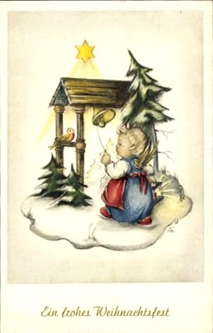 Künstler Ansichtskarte / Postkarte Glückwunsch Weihnachten, Engel, Glocke, Tannenbäume
