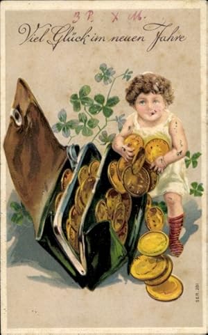 Präge Ansichtskarte / Postkarte Glückwunsch Neujahr, Portemonnaie, Münzen, Kleeblätter