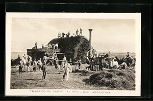 Postcard Argentina, Trabajos de Campo, La trilla, Bauern auf dem Heuhaufen