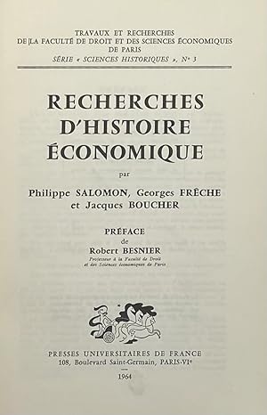 Seller image for Recherches d'histoire conomique. Prface de Robert Besnier. for sale by Librairie Historique F. Teissdre