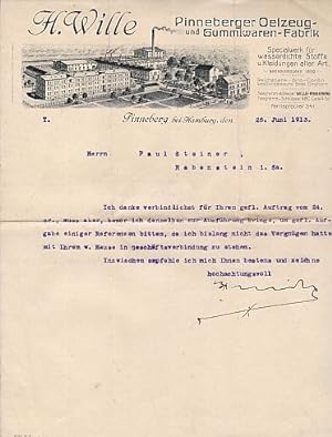 Briefbogen der Firma Pinneberger Oelzeug- und Gummiwaren-Fabrik. Specialwerke für wasserdichte St...