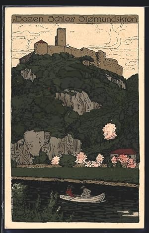 Steindruck-Ansichtskarte Bozen, Schloss Sigmundkron, Ruderpartie