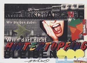 Bild des Verkufers fr Wien darf nicht Hintertupfing bleiben. Mail-Art Collage auf Pappe. (Wien 1996 - Poststempel). Beidseitig bearbeitet. Zweimal 28,5 x 20,5, zusammen 28,5 x 41 cm. zum Verkauf von Georg Fritsch Antiquariat