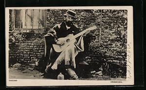 Postcard Argentina, Gaucho mit Gitarre vor dem Haus