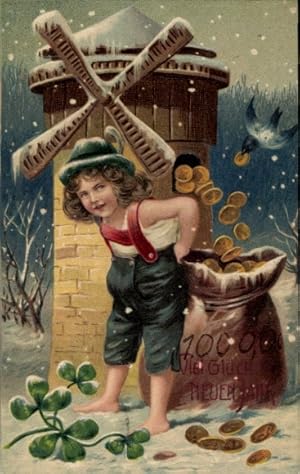 Präge Ansichtskarte / Postkarte Glückwunsch Neujahr, Windmühle, Münzen, Kleeblätter