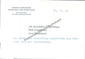 Bild des Verkufers fr Brief Anneliese Rothenberger (1919-2010) /// Autograph signiert signed signee zum Verkauf von Antiquariat im Kaiserviertel | Wimbauer Buchversand