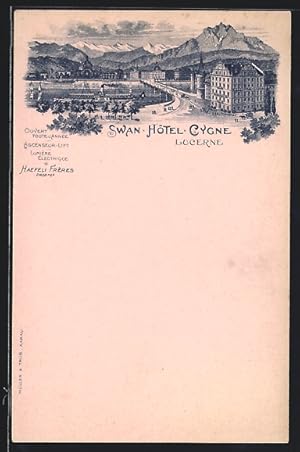 Lithographie Luzern, Ortspartie mit Swan Hotel Cygne und Dampfschiff