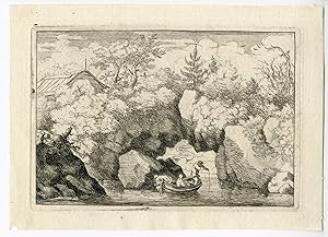 Antique Master Print-LANDSCAPE-SKIFF-CLEFT ROCK-Van Everdingen-1631-1675