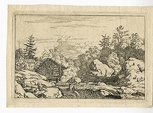 Antique Master Print-LANDSCAPE-WOODEN HUT-WATERFALL-Van Everdingen-1631-1675