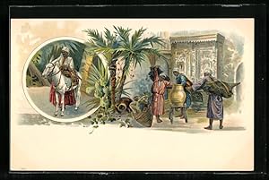 Bild des Verkufers fr Lithographie Araber in traditioneller Tracht nebst Pferd und Vase zum Verkauf von Bartko-Reher