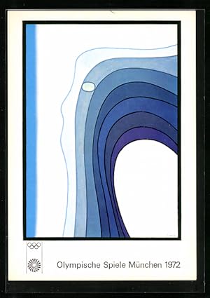 Künstler-Ansichtskarte München, Olympische Spiele 1972, Poster von Jan Lenica, blaue Wellen