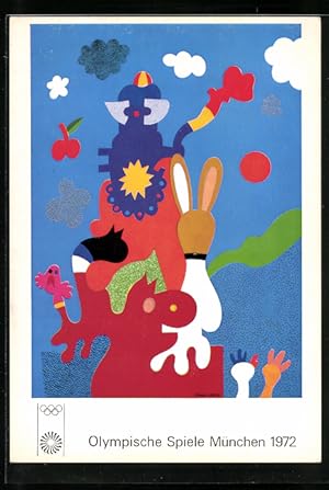 Künstler-Ansichtskarte München, Olympische Spiele 1972, Poster von Otmar Alt, Tiere in abstrakter...