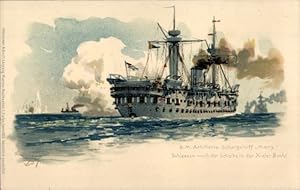 Künstler Litho Bohrdt, Hans, Deutsches Kriegsschiff, SMS Mars, Artillerie Schulschiff, Kieler Buc...