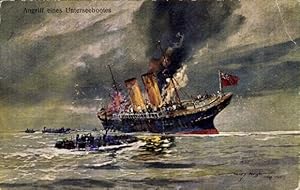 Künstler Ansichtskarte / Postkarte Heusser, H., Angriff eines Unterseebootes, Englischer Dampfer ...