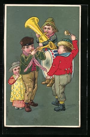 Ansichtskarte Kinder musizieren mit Trompete und Posaune, Viel Glück im neuen Jahr!