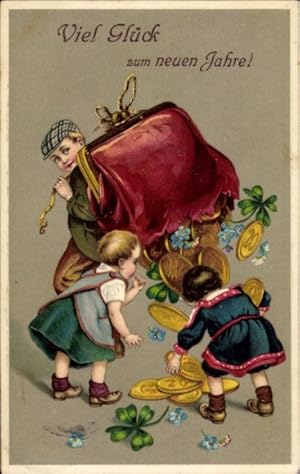 Präge Ansichtskarte / Postkarte Glückwunsch Neujahr, Kinder, Münzen, Kleeblätter