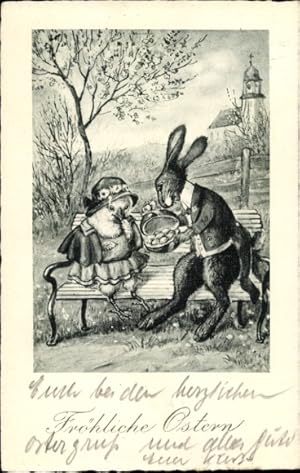 Ansichtskarte / Postkarte Glückwunsch Ostern, Vermenschlichte Hase und Küken, Geschenk, Park