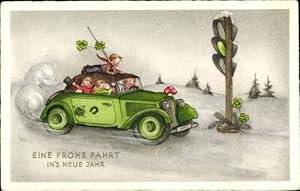 Ansichtskarte / Postkarte Glückwunsch Neujahr, Kinder im Auto, Ampel, Hufeisen, Pilz