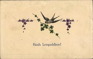 Präge Ansichtskarte / Postkarte Hoch Leopoldine, Schwalbe, Blumen, Glücksklee