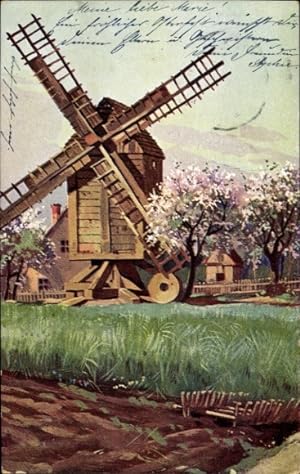 Litho Windmühle, Blühende Bäume, Haus
