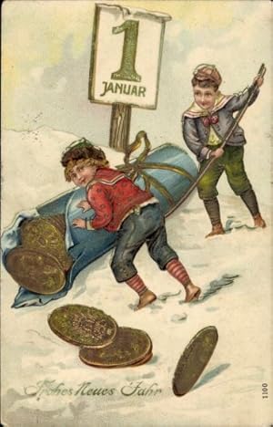 Präge Ansichtskarte / Postkarte Glückwunsch Neujahr, Kalenderblatt, Münzrolle