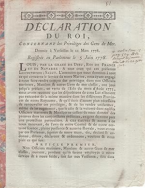 Seller image for Dclaration du Roi, concernant les Privileges des Gens de Mer. donne  Versailles le 21 mars 1778 for sale by Librairie Lalibela