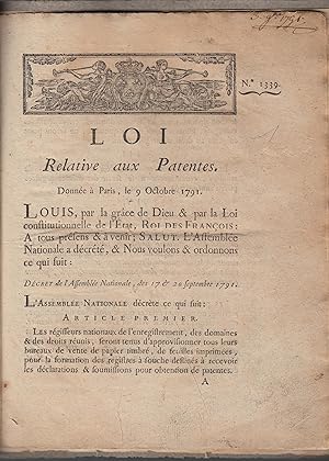 Seller image for Loi relative aux patentes : donne  Paris, le 9 octobre 1791. for sale by Librairie Lalibela