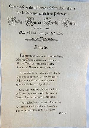 Documento - Papier : SONETO CON MOTIVO DE HABERSE CELEBRADO LA JURA DE MARÍA ISABEL LUISA 1833