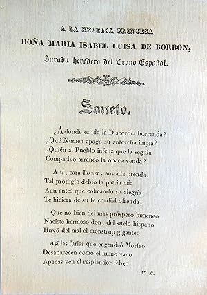 Documento - Papier : SONETO A LA EXCELSA PRINCESA DOÑA MARÍA ISABEL LUISA DE BORBON, JURADA HERED...