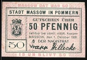 Seller image for Notgeld Massow in Pommern 1920, 50 Pfennig, Wappen und Einigkeitsspruch for sale by Bartko-Reher
