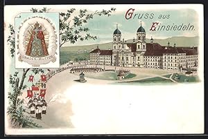 Lithographie Einsiedeln, Prozession am Kloster, Bild Gnaden-Mutter