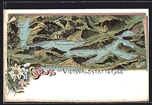 Ansichtskarte Brunnen /Vierwaldstättersee, Landkarte von der Umgebung des Vierwaldstättersee