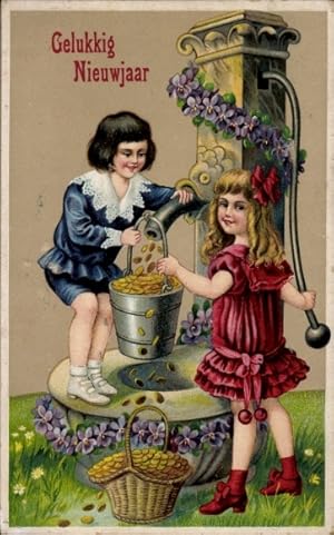 Präge Litho Glückwunsch Neujahr, Junge und Mädchen am Brunnen, Münzen