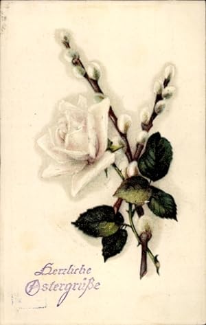 Präge Ansichtskarte / Postkarte Glückwunsch Ostern, Weidenkätzchen, Weiße Rose