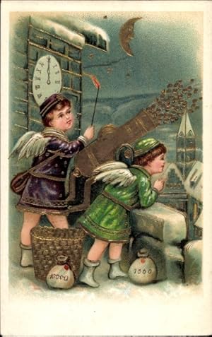 Präge Ansichtskarte / Postkarte Glückwunsch Neujahr, Engel schießen Münzen aus einer Kanone, Turmuhr