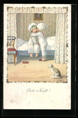 Bild des Verkufers fr Knstler-Ansichtskarte Pauli Ebner: Junge ksst Mdchen und sagt Gute Nacht am Bett, Katze schaut zu zum Verkauf von Bartko-Reher