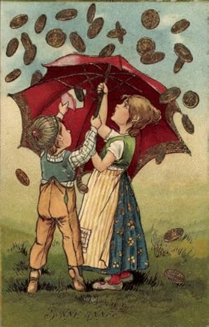 Präge Ansichtskarte / Postkarte Glückwunsch Neujahr, Kinder unter einem Regenschirm, Geldregen