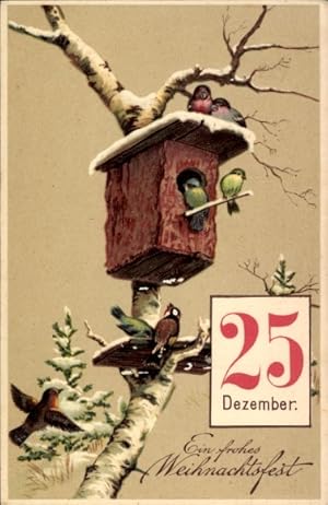 Präge Ansichtskarte / Postkarte Glückwunsch Weihnachten, Kalender, Vogelhäuschen, Vögel