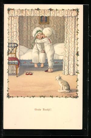 Bild des Verkufers fr Knstler-Ansichtskarte Pauli Ebner: Junge ksst Mdchen und sagt Gute Nacht am Bett, Katze schaut zu zum Verkauf von Bartko-Reher