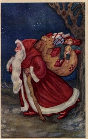 Ansichtskarte / Postkarte Glückwunsch Weihnachten, Weihnachtsmann, Geschenkesack, Teddy, Puppe